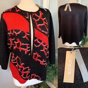 Chico's travelers Jacket Black & Red abstract print 2 M L NWT New Career casual